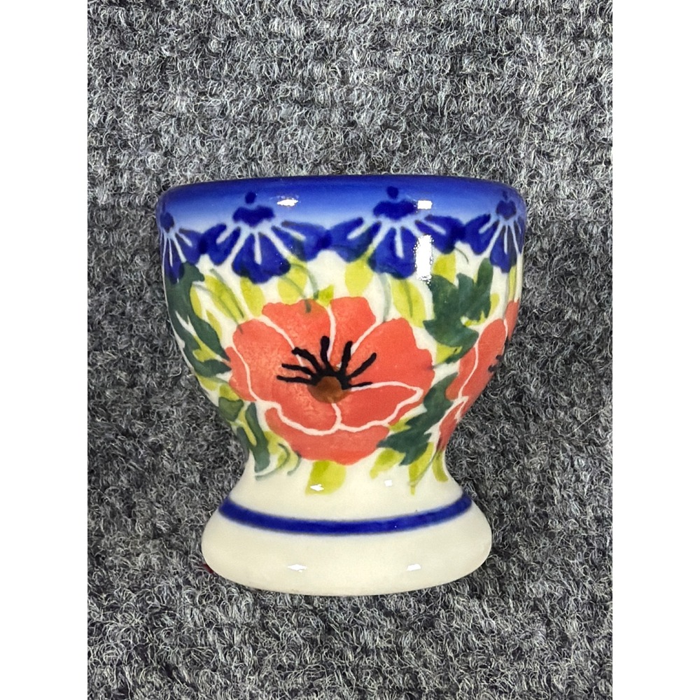 Polish Pottery Floral Egg Cup Hand Painted Stoneware Boleslawiec Style Poppy